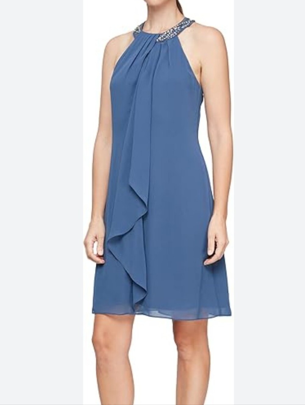 SLNY NEW Plus Size 16: Sleeveless Blue Halter Jeweled Neck Center Ruffle Dress